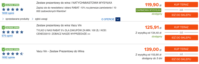Przykład ofert produktów w porównywarce cenowej z etykietą darmowej wysyłki. Przykład ofert wyświetlonych w porównywarce cen