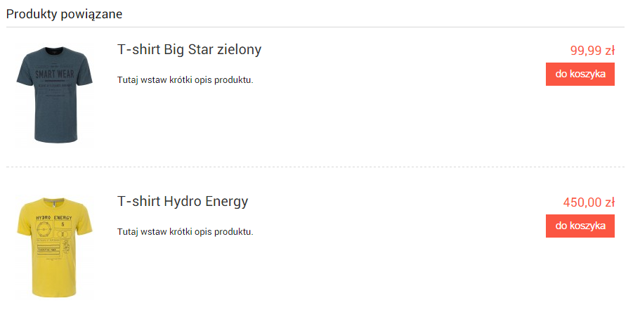 Przykład sekcji wyświetlającej produkty powiązane na karcie produktu w sklepie Shoper Przykładowa zawartość sekcji produkty powiązane na stronie produktu w sklepie internetowym Shoper