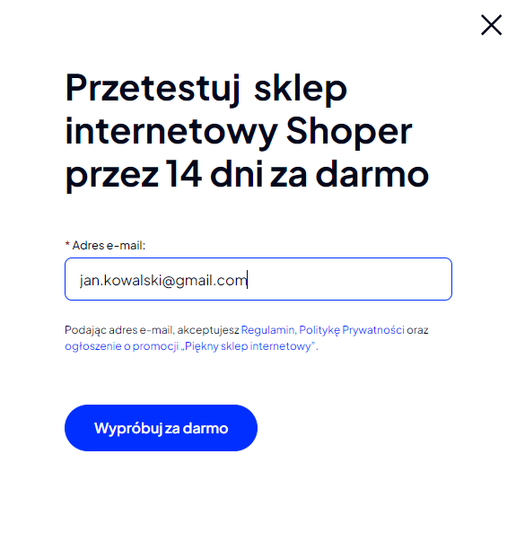 Aby uruchomić bezpłatną wersję testową sklepu Shoper wpisz swój adres e-mail