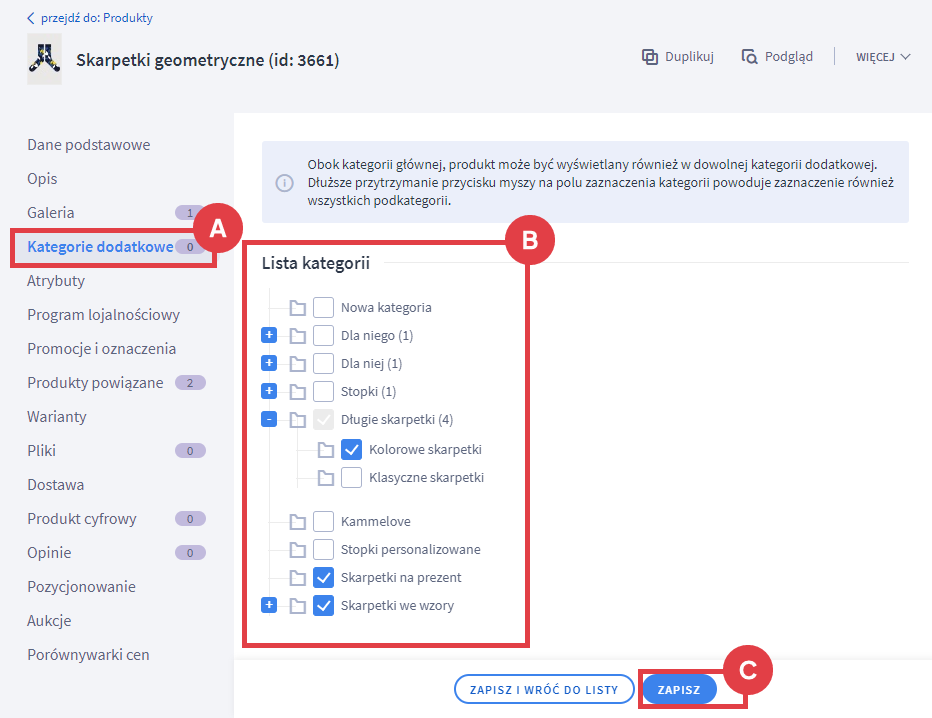 Panel administracyjny sklepu > Obsługa sklepu > Produkty > Edycja > Kategorie dodatkowe