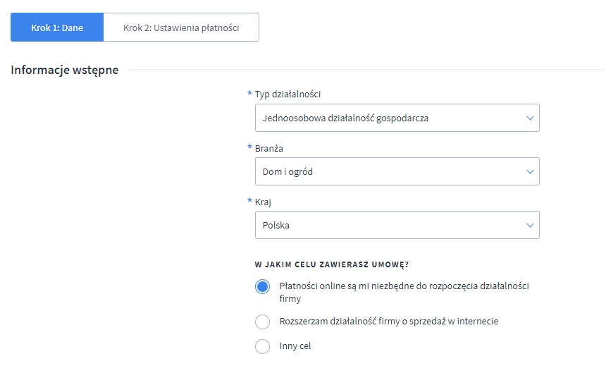 Uzupełnij formularz aktywacyjny Shoper Płatności w sekcji Informacje wstępne Menu Panelu administracyjnego sklepu Shoper Ustawienia > Obsługa zamówień > Formy płatności > Aktywacja Shoper Płatności > Informacje wstępne