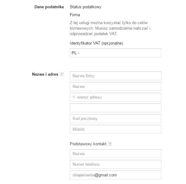 Google AdWords > Płatności > Informacje biznesowe