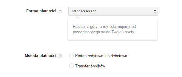 Google AdWords > Kampanie > Płatność > Forma płatności