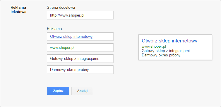 Google AdWords > Kampania > Reklama tekstowa