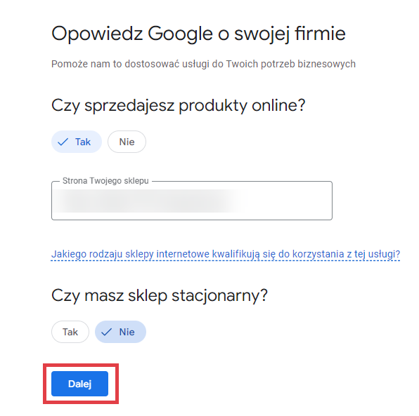 Podaj adres swojego sklepu internetowego Panel Google Merchant Center zakładanie konta