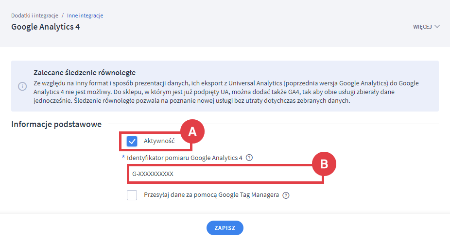 Panel administracyjny sklepu > Dodatki i integracje > Inne integracje > Google Analytics > Konfiguracja