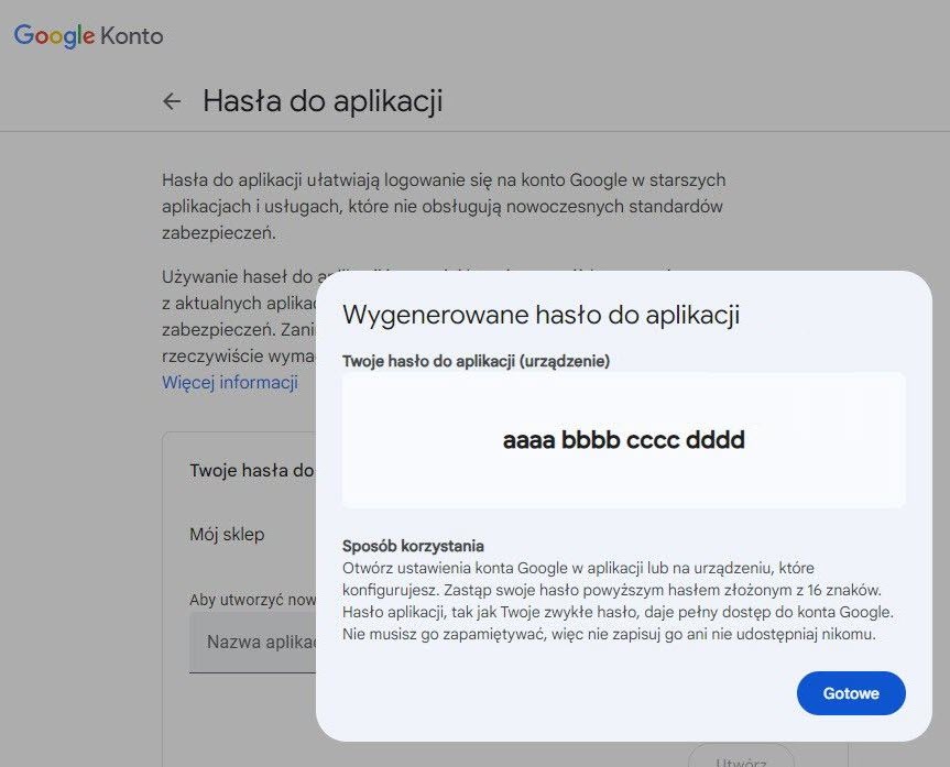 Konto Google > Weryfikacja dwuetapowa > Hasła do aplikacji
