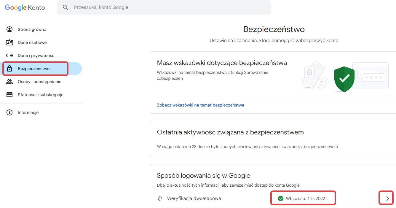 Konto Google >Bezpieczeństwo > Weryfikacja dwuetapowa