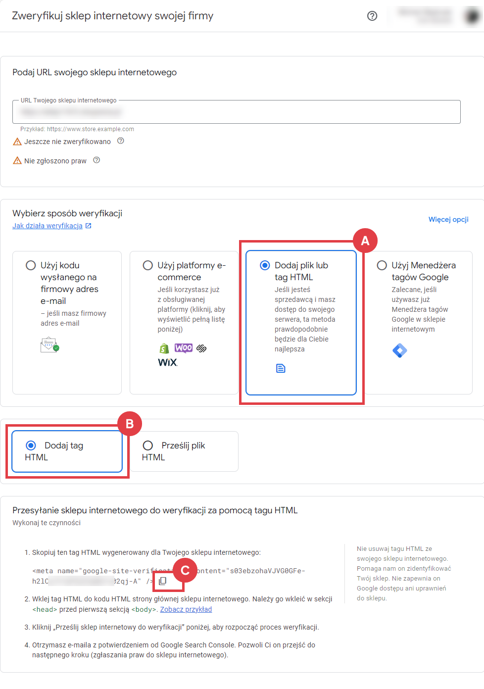 Wybierz metodę weryfikacji: Dodaj tag HTML i skopiuj wygenerowany tag Panel Google Merchant Center weryfikacja sklepu internetowego