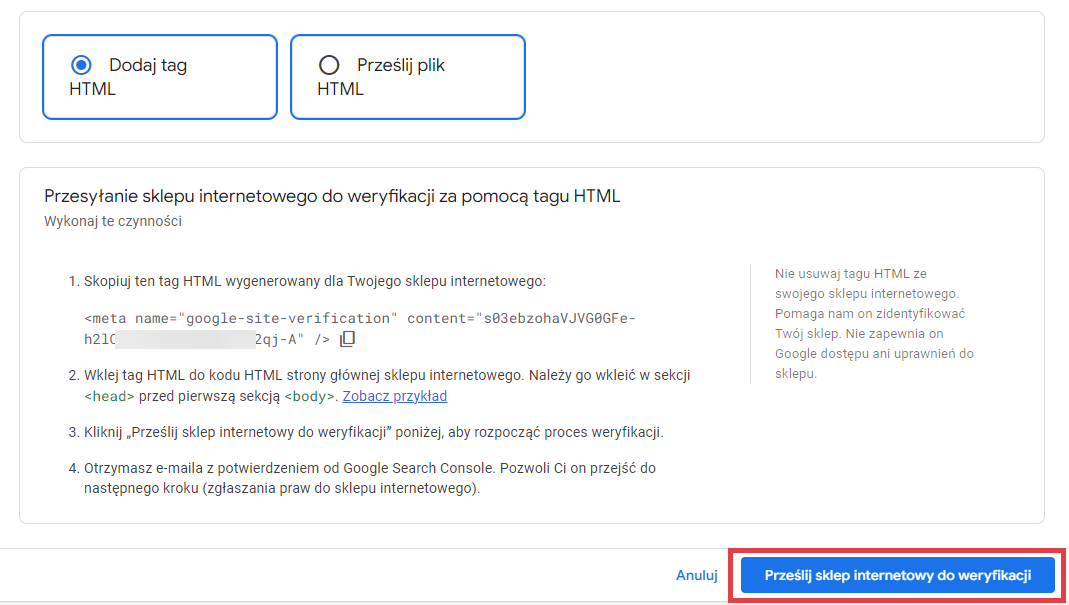 W panelu Google Merchant Center kliknij: Prześlij sklep internetowy do weryfikacji Panel Google Merchant Center weryfikacja sklepu internetowego