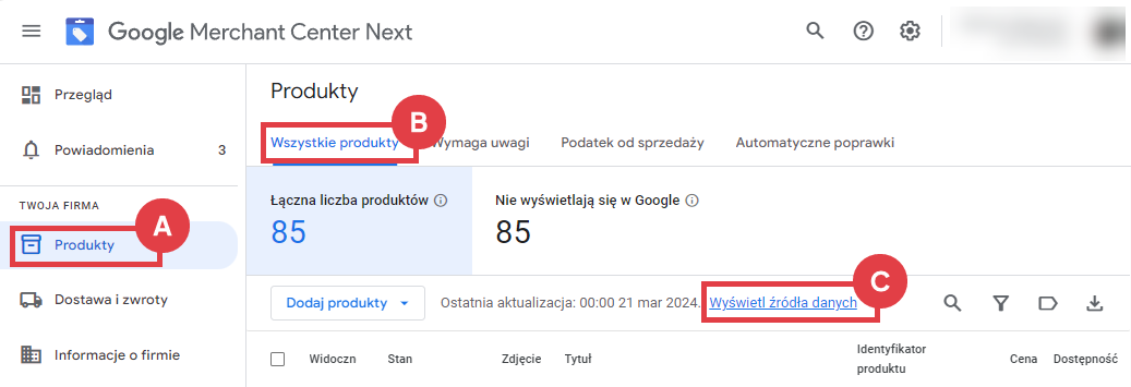 Przejdź do listy produktów zaimportowanych ze sklepu Panel Google Merchant Center
