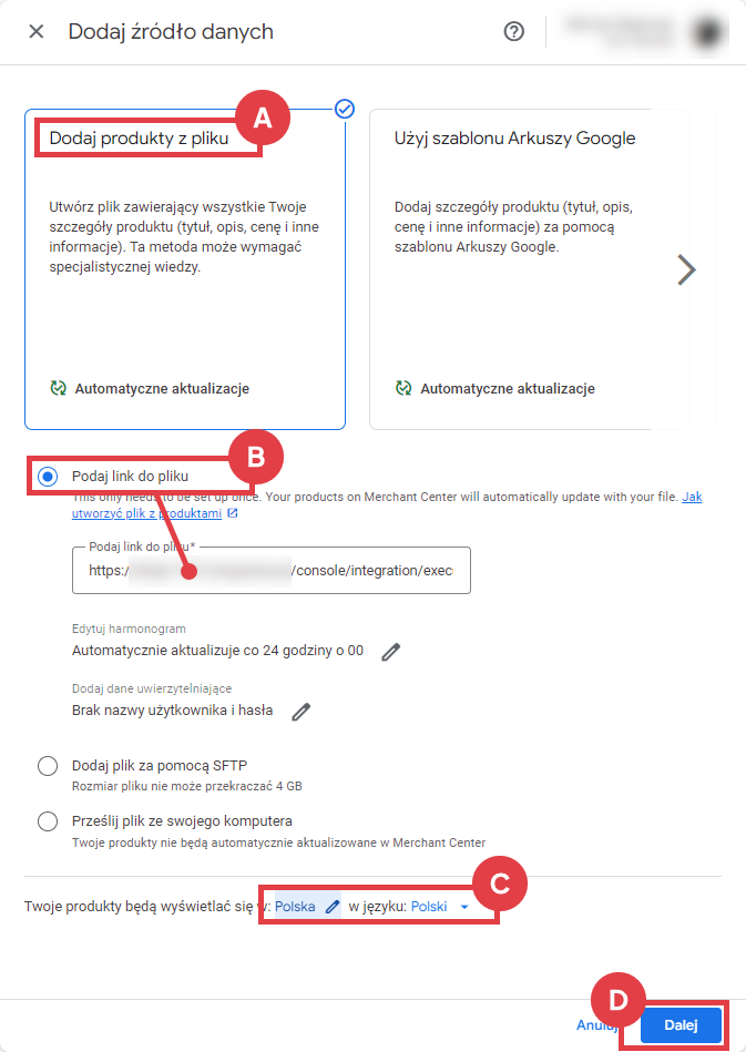 Podaj link do bazy produktowej z Twojego sklepu Panel Google Merchant Center dodawanie produktów