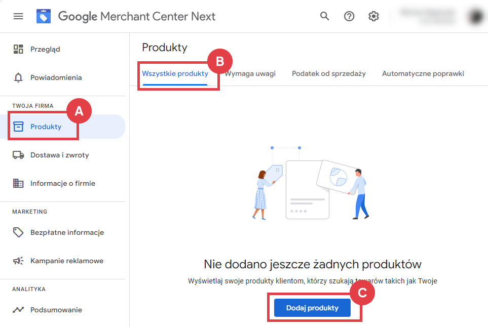 W panelu Google Merchant Center dodaj produkty do katalogu Panel Google Merchant Center dodawanie produktów
