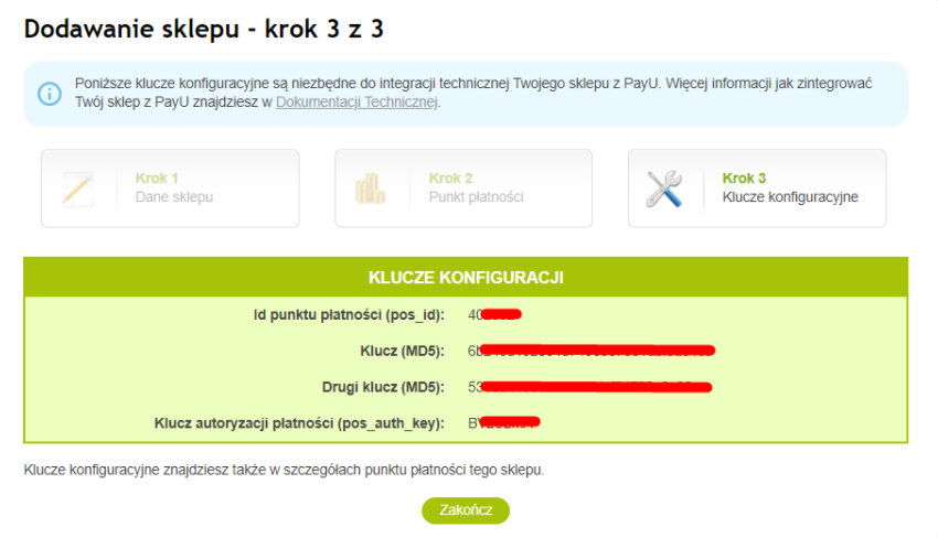 Wygenerowane dane skopiuj i przenieś do ustawień PayU w panelu administracyjnym sklepu Shoper Konfiguracja w panelu PayU