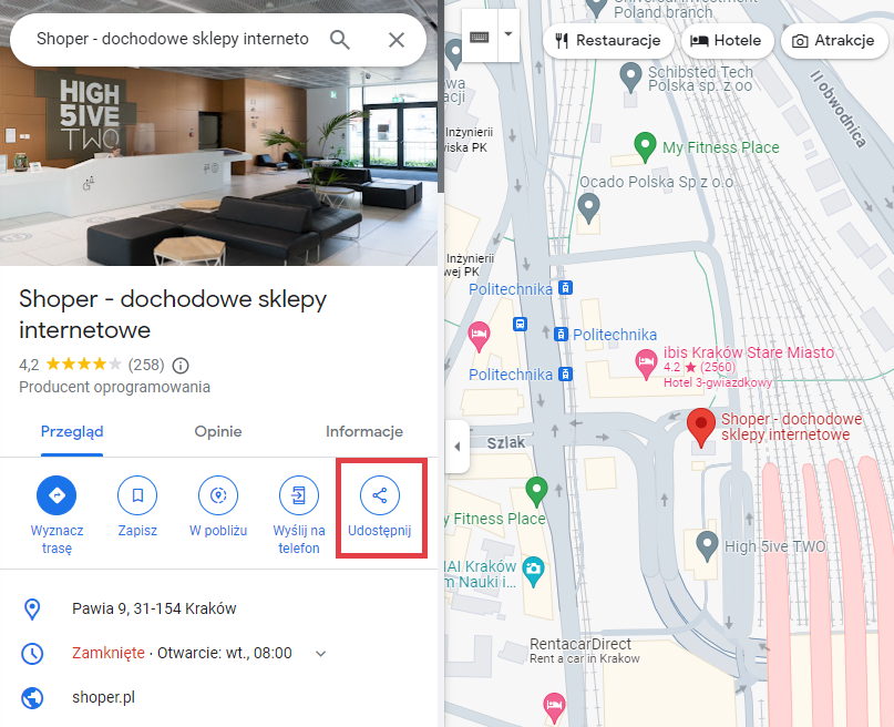 Kliknij przycisk: Udostępnij w wizytówce danej firmy Mapy Google > Wizytówka firmy > Udostępnij