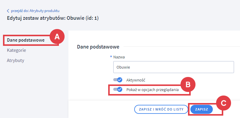 Panel administracyjny sklepu > Obsługa sklepu > Atrybuty (cechy produktu) > Edycja > Dane podstawowe
