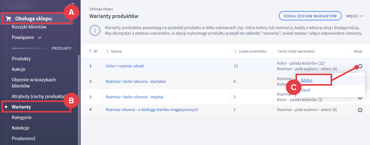 Panel administracyjny sklepu > Obsługa sklepu > Warianty > Edycja