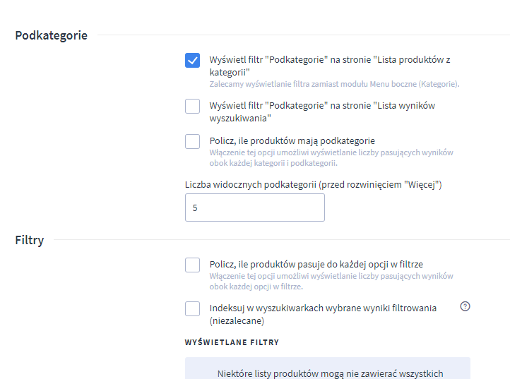 Panel administracyjny sklepu > Ustawienia > Produkty > Filtry (opcje przeglądania)