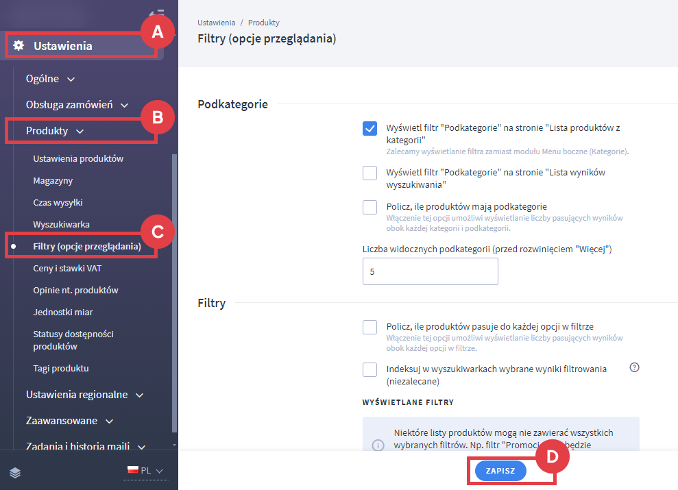 Panel administracyjny sklepu > Ustawienia > Produkty > Filtry (opcje przeglądania)