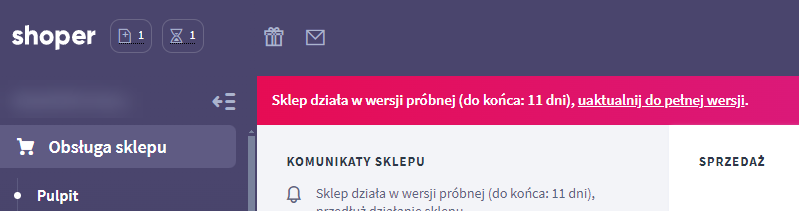 Panel administracyjny sklepu Shoper - Pasek z informacją o ważności wersji próbnej sklepu