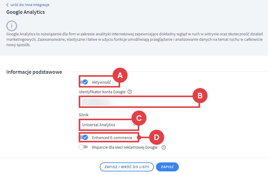 Panel administracyjny sklepu > Dodatki i integracje > Inne integracje > Google Analytics > Konfiguracja > Formularz