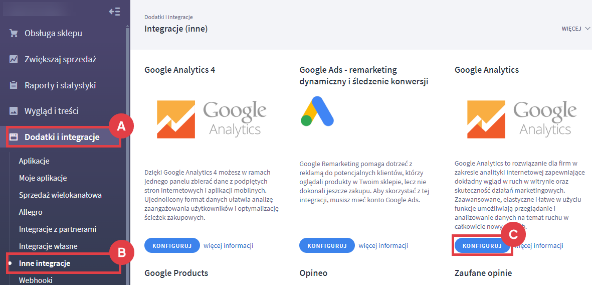Panel administracyjny sklepu > Dodatki i integracje > Inne integracje > Google Analytics > Konfiguruj