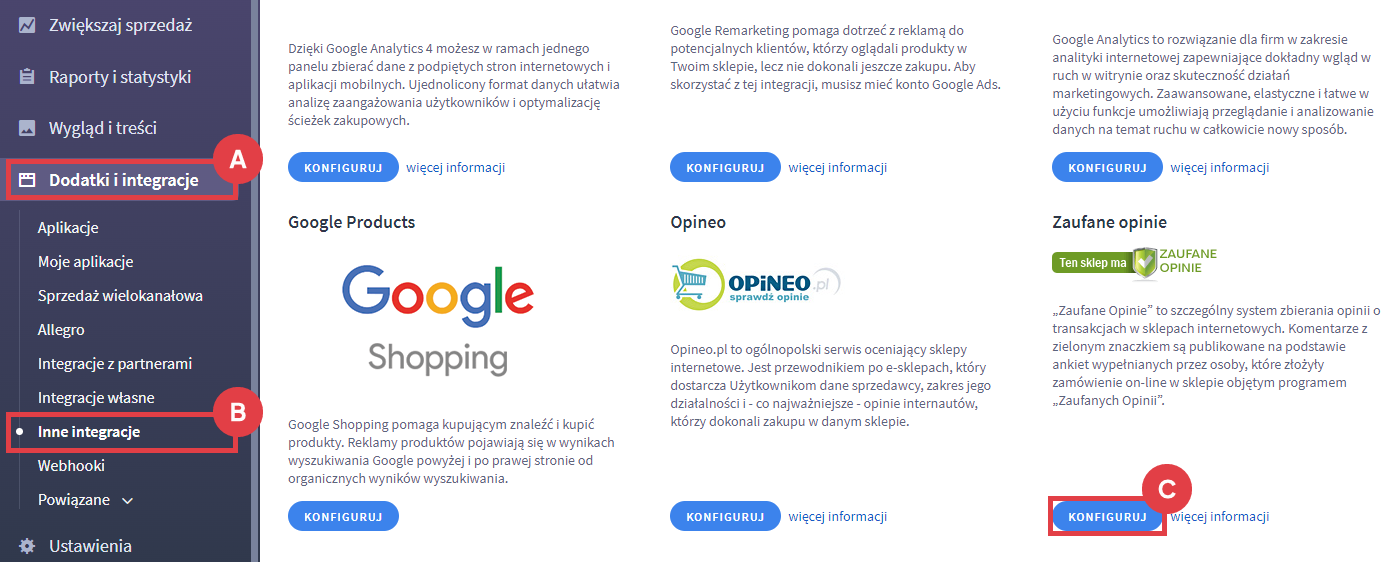 Panel administracyjny sklepu > Dodatki i integracje > Inne integracje > Zaufane opinie