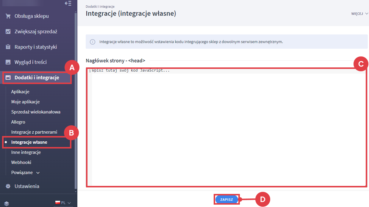 Wklej tag HTML z narzędzia Google, by zweryfikować sklep Panel administracyjny sklepu > Dodatki i integracje > Integracje własne > Nagłówek strony