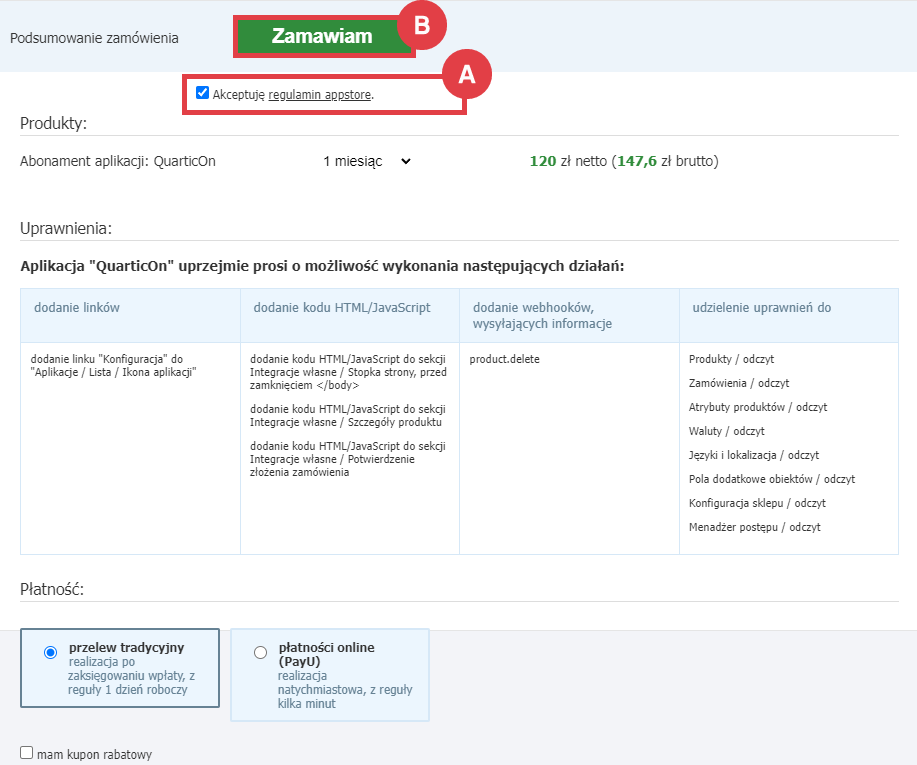 Panel administracyjny sklepu > Dodatki i integracje > Aplikacje > QuarticOn > Zamawianie abonamentu
