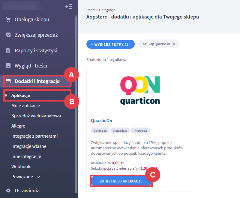 Panel administracyjny sklepu > Dodatki i integracje > Aplikacje > QuarticOn