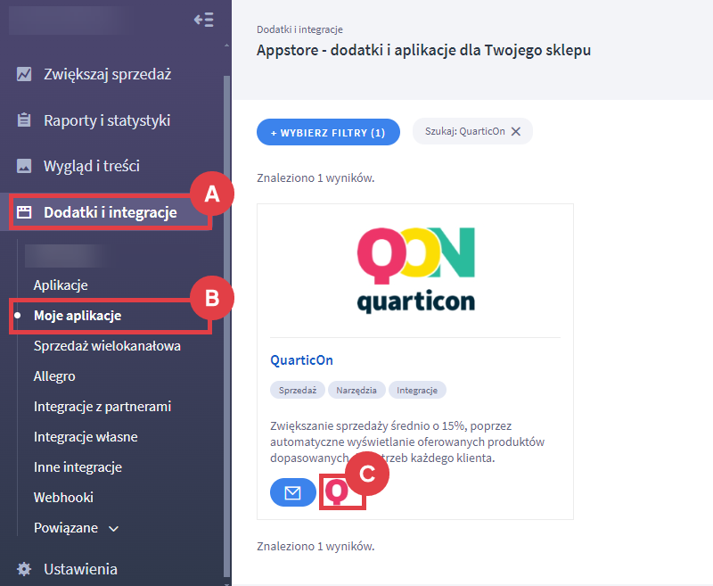 Panel administracyjny sklepu > Dodatki i integracje > Moje aplikacje > QuarticOn