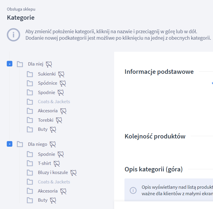 Ikona przekreślonej flagi informuje, że dany element nie ma wprowadzonego tłumaczenia w edytowanej wersji językowej Tłumaczenie poszczególnych elementów w panelu ze względu na wybraną edytowalną wersję językową