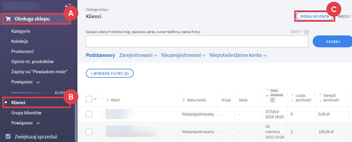 Panel administracyjny sklepu > Obsługa sklepu > Klienci > Dodawanie klienta