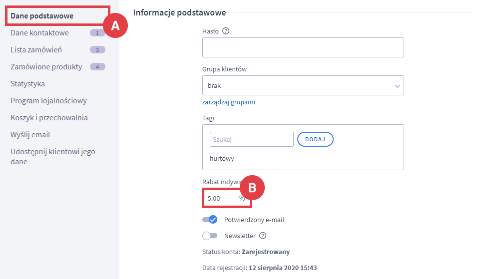 Podaj, jaki procent zniżki ma otrzymać dany klient Panel administracyjny sklepu > Obsługa sklepu > Klienci > Edycja > Rabat indywidualny