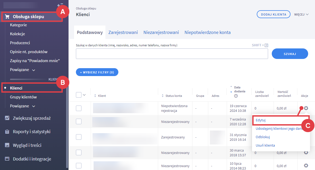 Panel administracyjny sklepu > Obsługa sklepu > Klienci > Edycja
