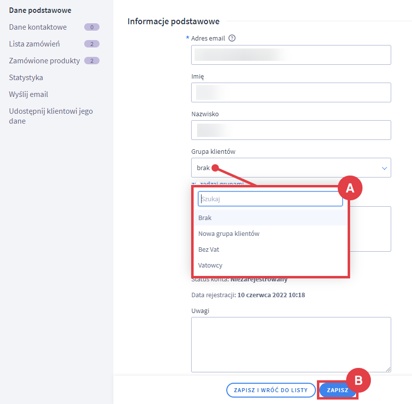 Panel administracyjny sklepu > Obsługa sklepu > Klienci > Edycja > Grupa klientów
