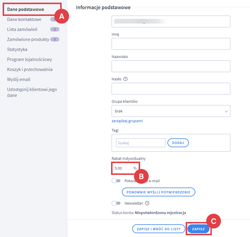 Panel administracyjny sklepu > Obsługa sklepu > Klienci > Edycja > Rabat indywidualny