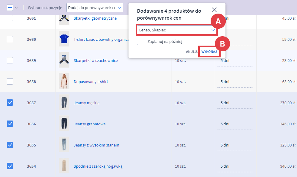Wykonaj operację dodawania produktów do porównywarek cenowych Panel administracyjny sklepu > Obsługa sklepu > Produkty > Akcje > Dodawanie do porównywarek cen > Potwierdzenie operacji
