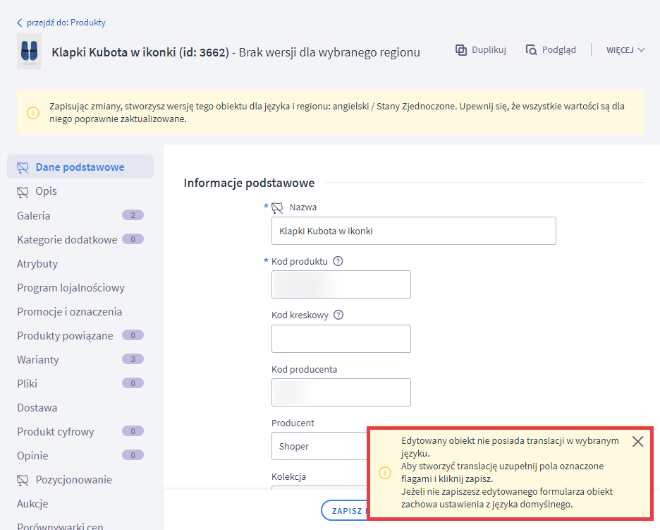 Komunikat informujący o braku wprowadzonego tłumaczenia dla obiektu edytowanego w danej wersji językowej Panel administracyjny sklepu > Obsługa sklepu > Produkty > Edycja > Brak tłumaczenia