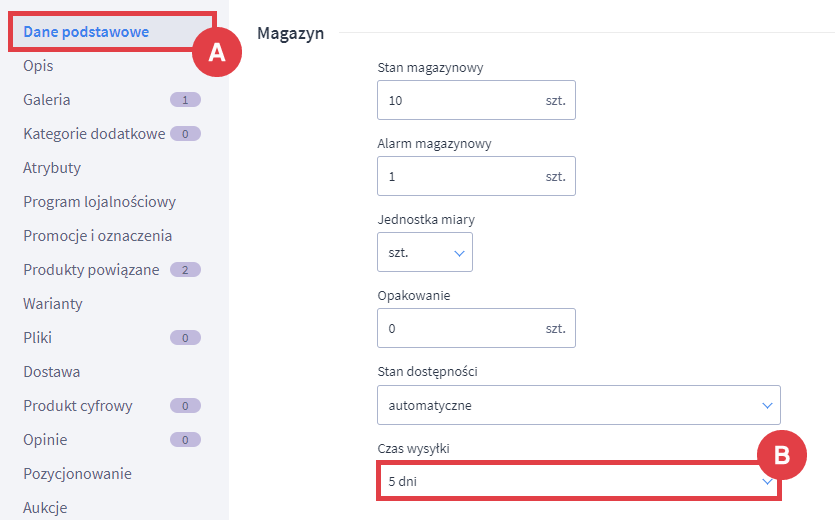 W edycji produktu możesz wybrać odpowiedni termin wysyłki Panel administracyjny sklepu > Obsługa sklepu > Produkty > Edycja > Dane podstawowe > Czas wysyłki