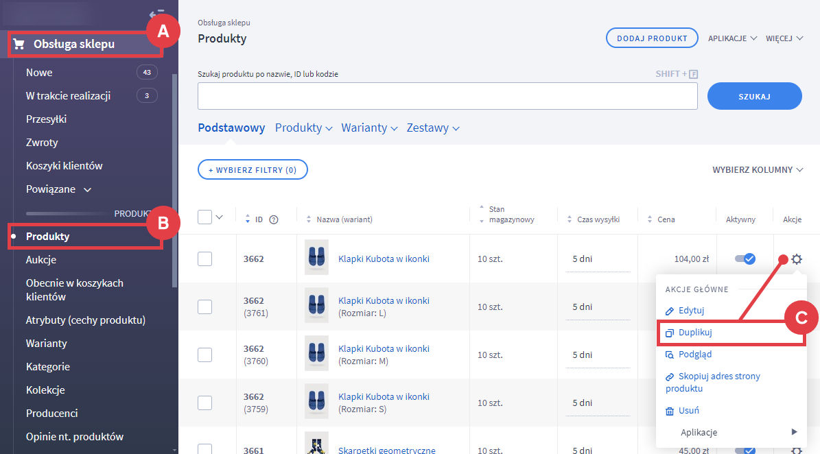 W menu akcji głównych znajdziesz opcję do duplikowania produktu Panel administracyjny sklepu > Obsługa sklepu > Produkty > Duplikuj