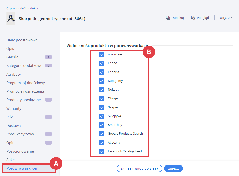 Zaznacz, widoczność produktu w odpowiednich porównywarkach cen Panel administracyjny sklepu > Obsługa sklepu > Produkty > Edycja > Porównywarki cen > Widoczność produktu