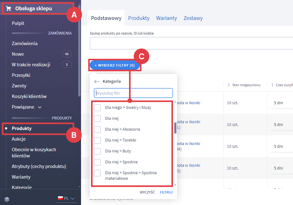 Wyszukaj produkty za pomocą opcji filtrowania Panel administracyjny sklepu > Obsługa sklepu > Produkty > Filtry