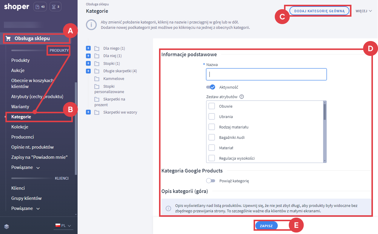 Panel administracyjny sklepu > Obsługa sklepu > Kategorie > Dodaj kategorię główną