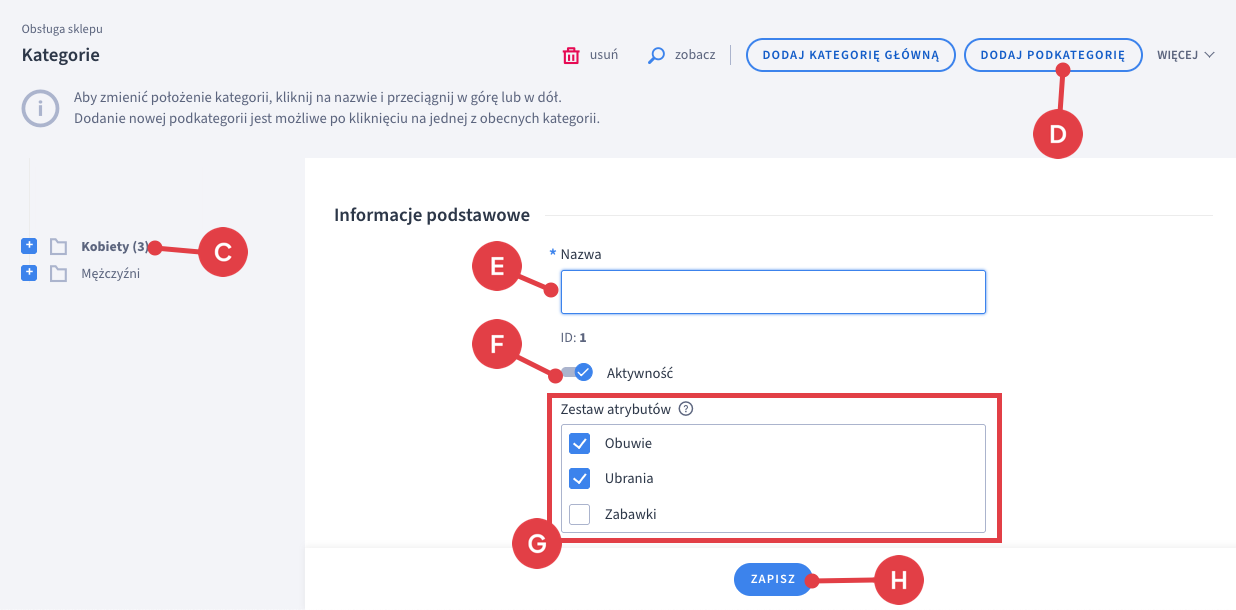 Panel administracyjny sklepu > Obsługa sklepu > Produkty > Kategorie > Kategoria > Dodawanie podkategorii