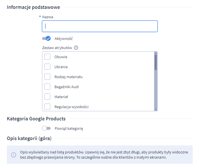 Panel administracyjny sklepu > Obsługa sklepu > Produkty > Kategorie > Kategoria > Dodawanie podkategorii > Formularz