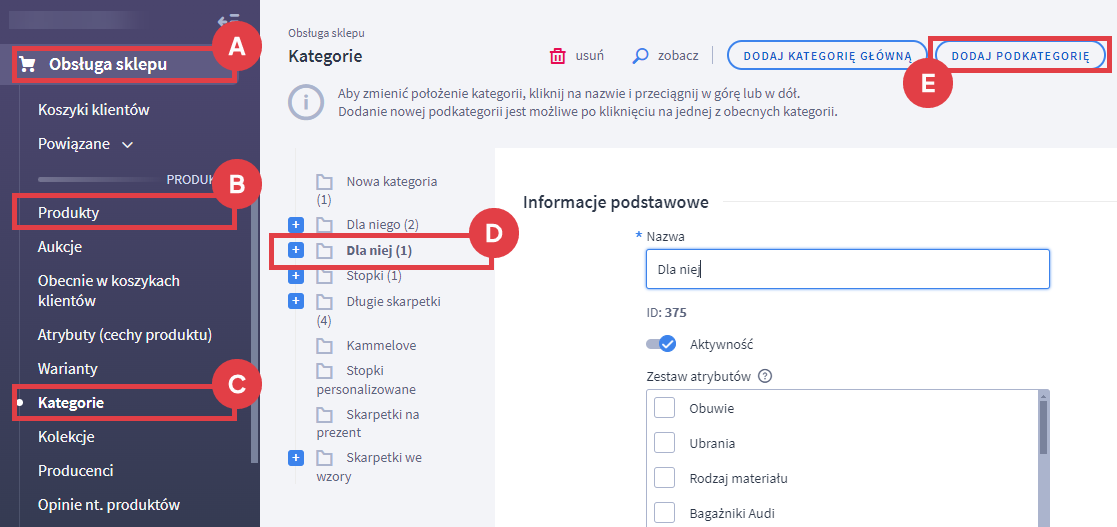 Panel administracyjny sklepu > Obsługa sklepu > Produkty > Kategorie > Kategoria > Dodawanie podkategorii