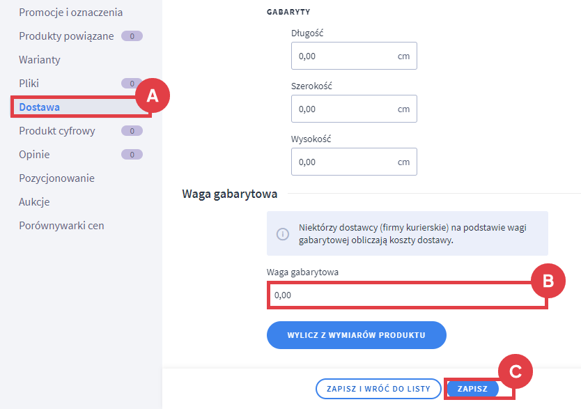 Wpisz odpowiednią wagę gabarytową w zakładce: Dostawa Panel administracyjny sklepu > Obsługa sklepu > Produkty > Edycja > Dostawa > Waga gabarytowa