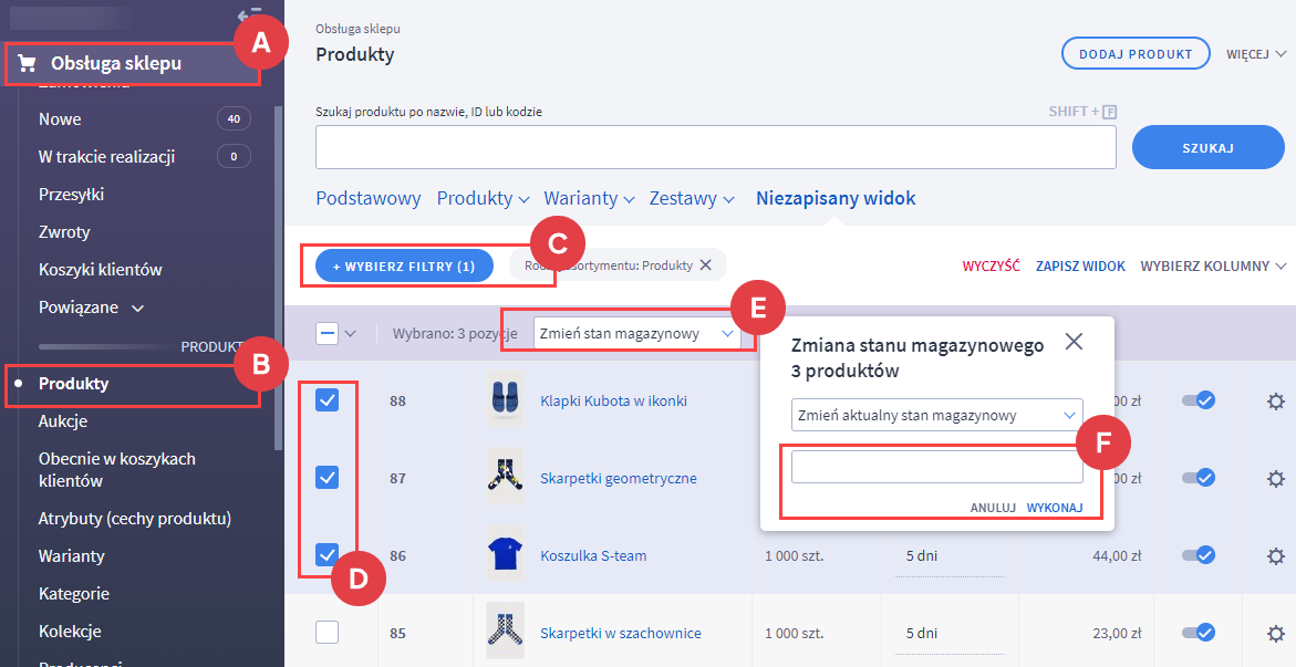 Zmień masowo stan magazynowy dla produktów Panel administracyjny > Obsługa sklepu > Produkty