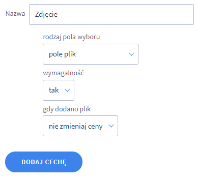 Wszystkie dostępne opcje w rodzaju pola wyboru: pole plik Panel administracyjny sklepu > Obsługa sklepu > Warianty